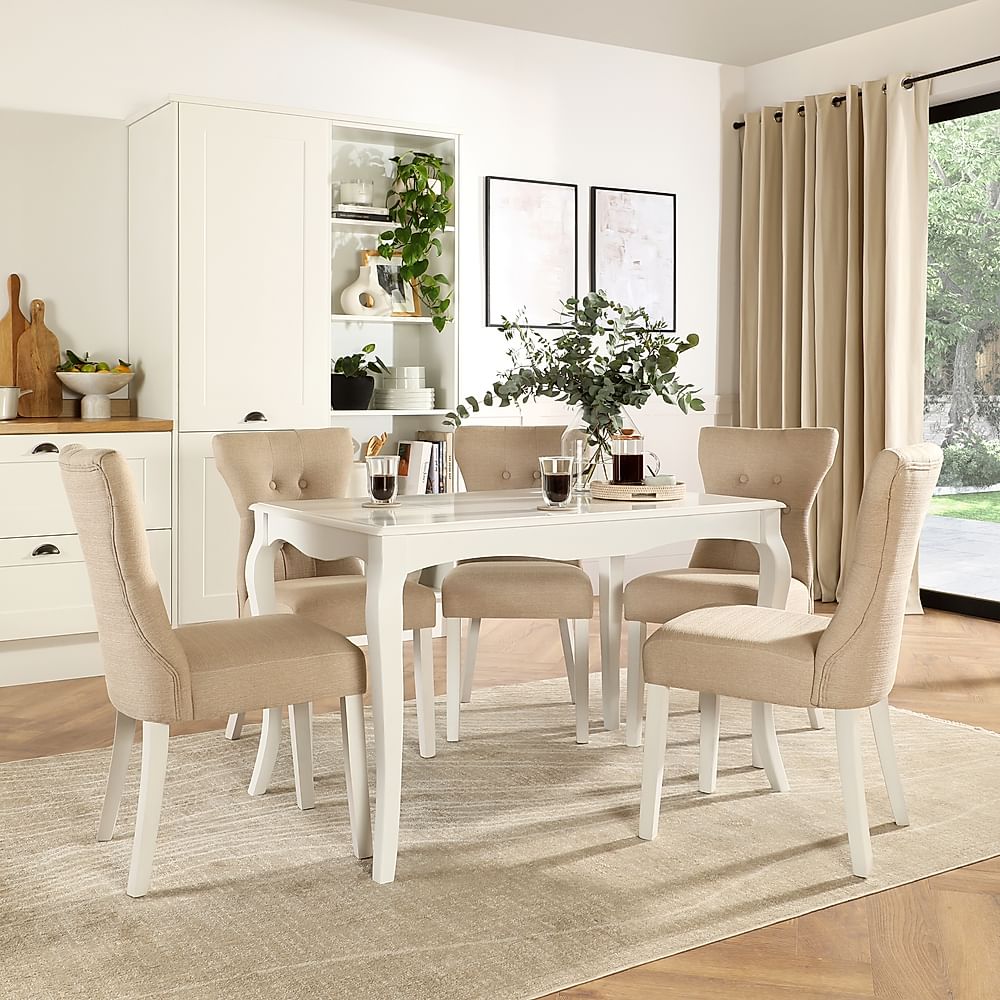 Clarendon Dining Table & 6 Bewley Chairs, White Wood, Oatmeal Classic Linen-Weave Fabric, 120cm