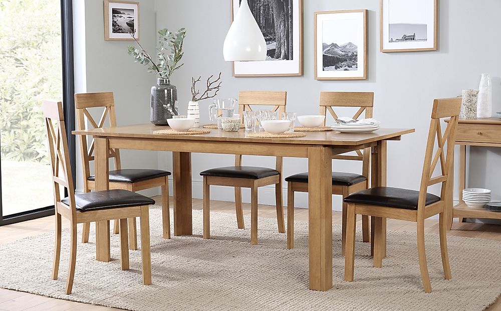 Bali Extending Dining Table & 4 Kendal Chairs, Natural Oak Finished Solid Hardwood, Brown Classic Faux Leather, 150-180cm