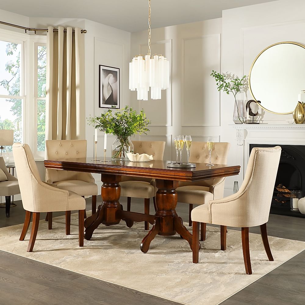 Chatsworth Extending Dining Table & 4 Duke Chairs, Dark Solid Hardwood, Oatmeal Classic Linen-Weave Fabric, 150-180cm