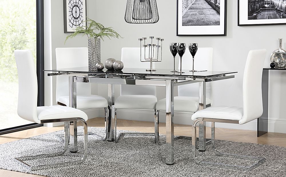 Space Chrome And Black Glass Extending Dining Table With 4 Perth White