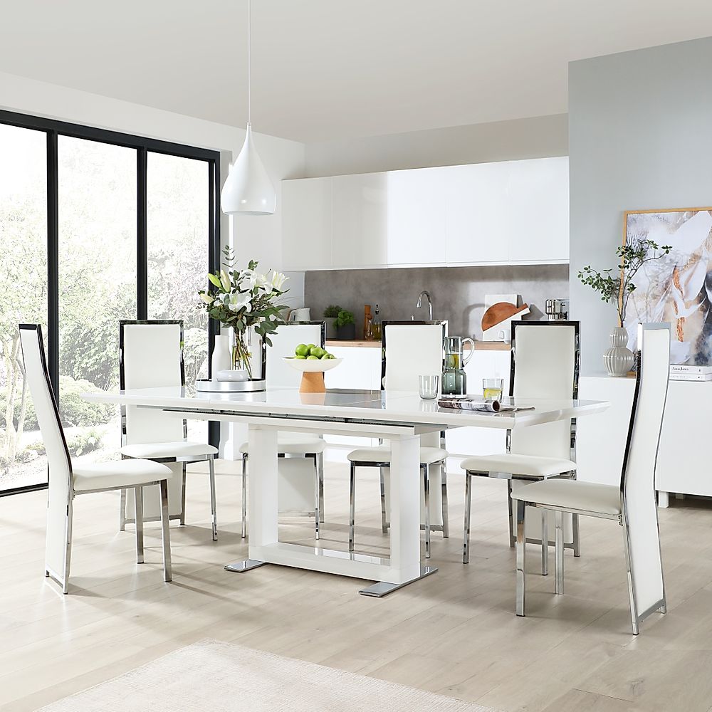 Tokyo Extending Dining Table & 8 Celeste Chairs, White High Gloss, White Classic Faux Leather & Chrome, 160-220cm