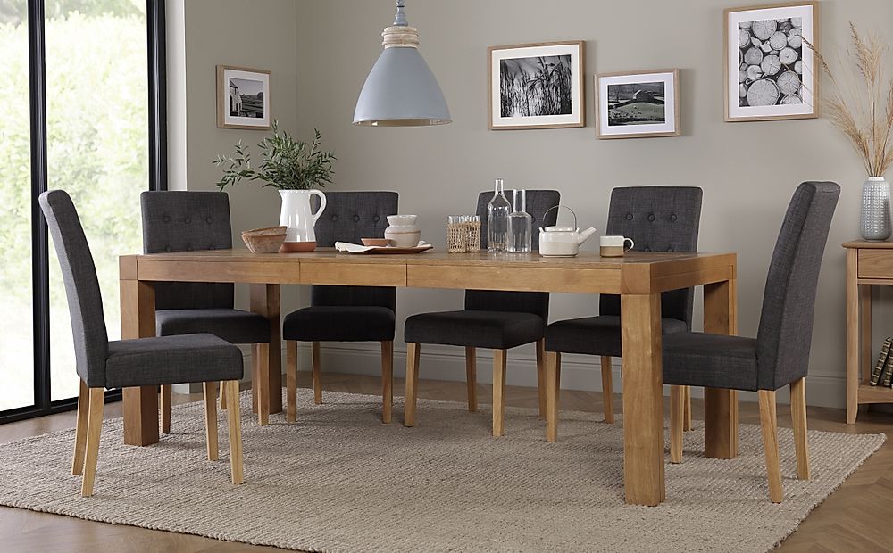 Cambridge Extending Dining Table & 8 Regent Chairs, Natural Oak Veneer & Solid Hardwood, Slate Grey Classic Linen-Weave Fabric & Natural Oak Finished Solid Hardwood, 175-220cm