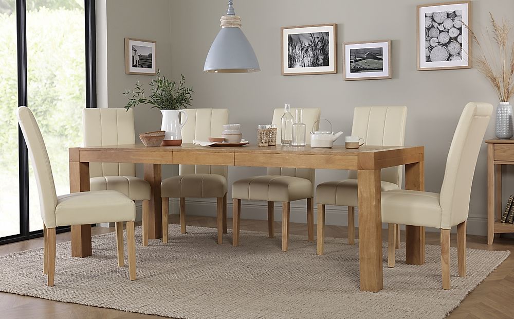 Cambridge Extending Dining Table & 4 Carrick Chairs, Natural Oak Veneer & Solid Hardwood, Ivory Classic Faux Leather & Natural Oak Finished Solid Hardwood, 175-220cm