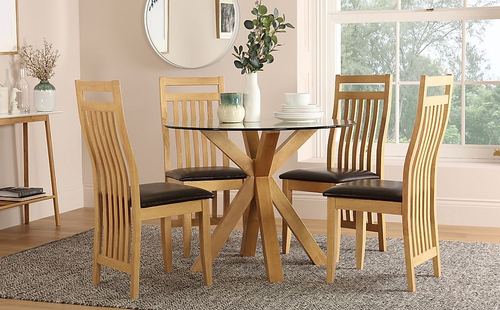 Hatton Round Dining Table & 4 Bali Chairs, Glass & Natural Oak Finished Solid Hardwood, Brown Classic Faux Leather, 100cm