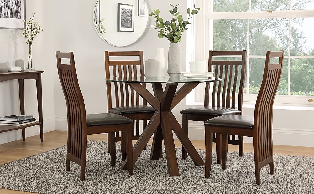 Hatton Round Dining Table & 4 Java Chairs, Glass & Dark Solid Hardwood ...