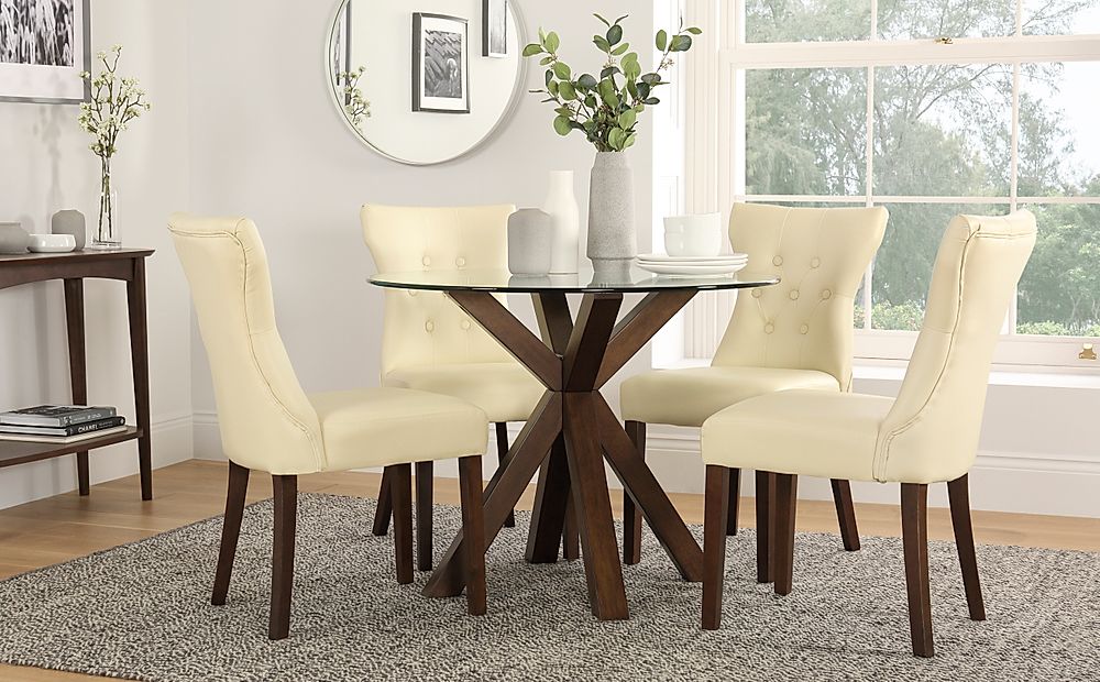 Hatton Round Dark Wood And Glass Dining Table With 4 Bewley Ivory 