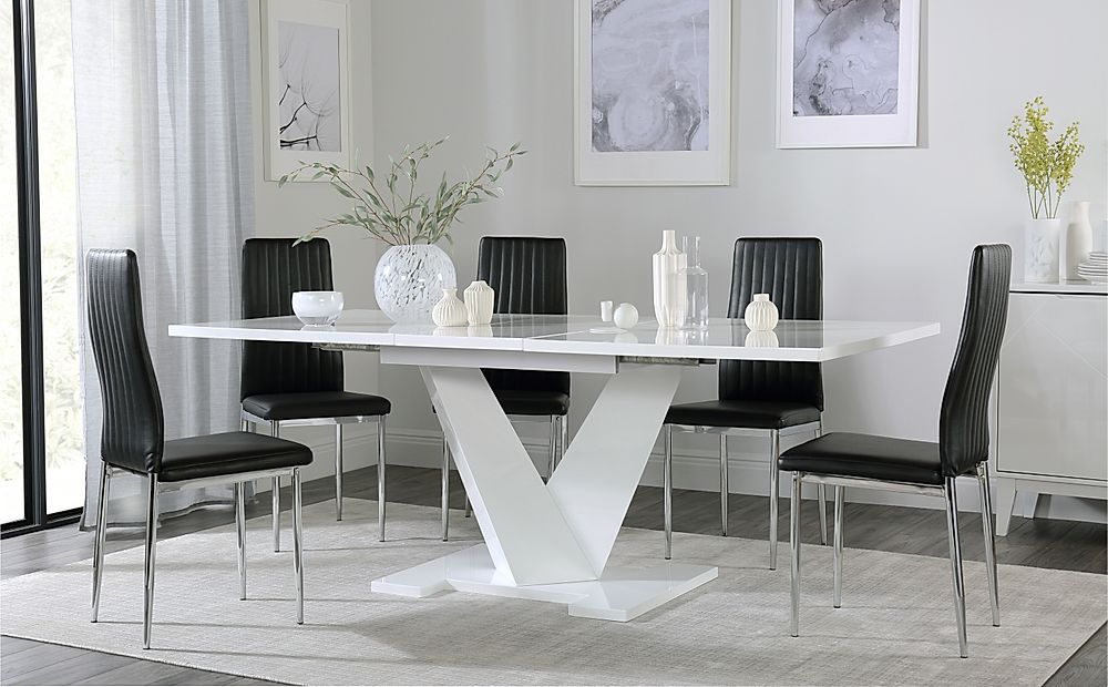 Turin White High Gloss Extending Dining Table with 4 Leon Black Leather ...