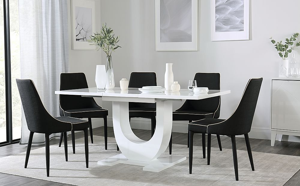 Oslo White High Gloss Extending Dining Table With 4 Modena Black Fabric Chairs Furniture And Choice