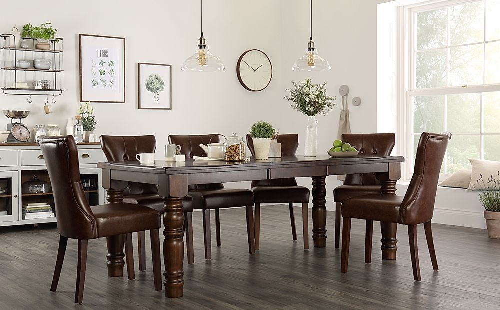 Hampshire Extending Dining Table & 6 Bewley Chairs, Dark Solid Hardwood, Club Brown Classic Faux Leather, 150-200cm