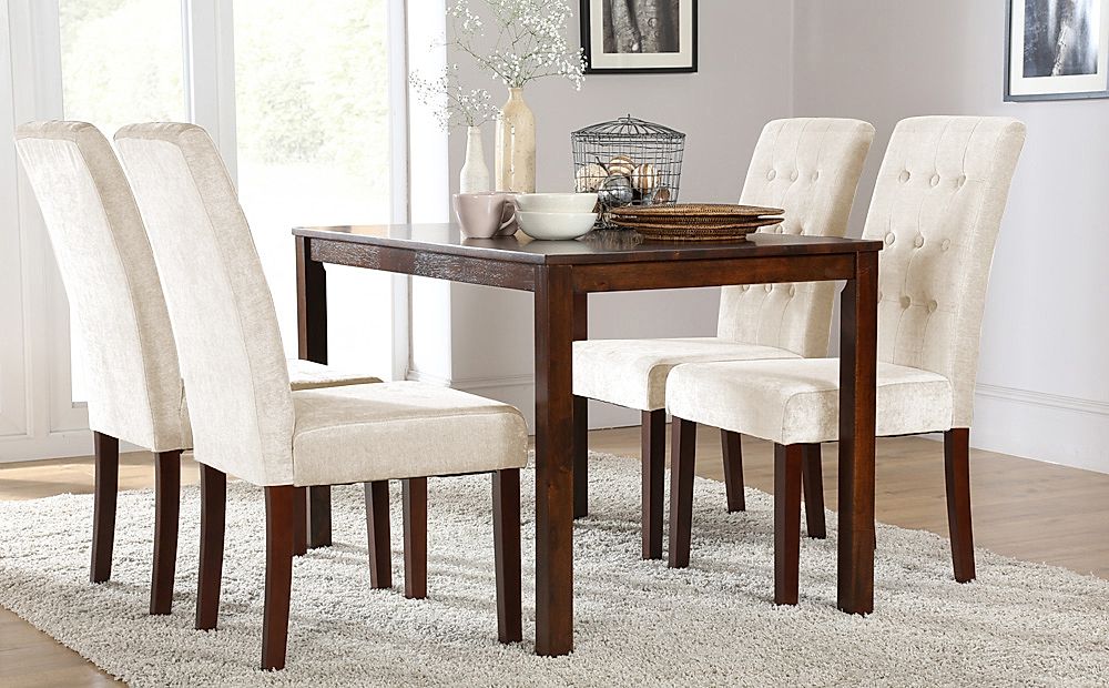 Milton Dining Table & 6 Regent Chairs, Dark Solid Hardwood, Oatmeal Classic Linen-Weave Fabric, 120cm