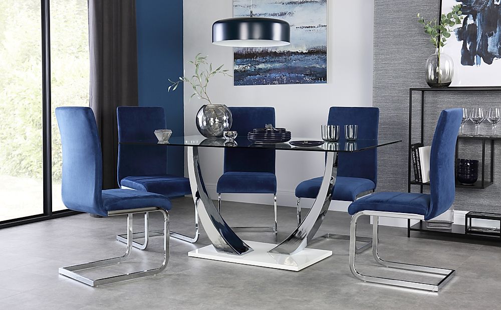 Peake Glass And Chrome Dining Table White Gloss Base With 4 Perth Blue Velvet Chairs 1663