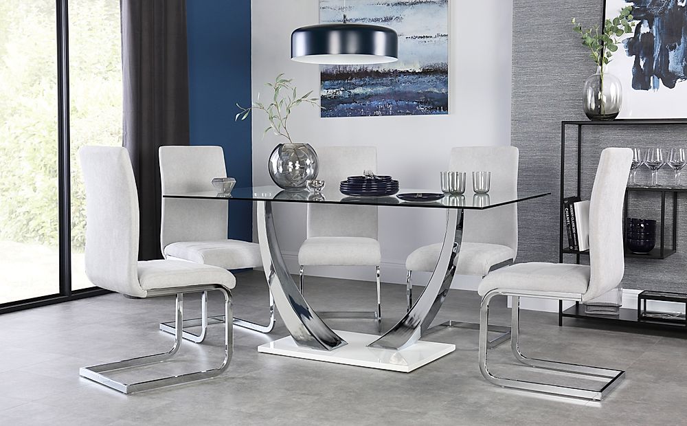 Peake Glass And Chrome Dining Table White Gloss Base With 4 Perth