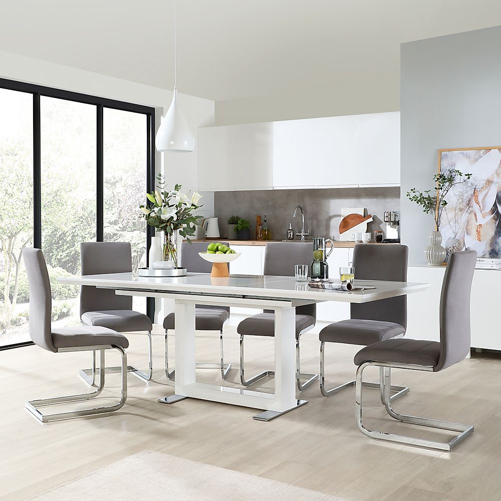 Tokyo Extending Dining Table & 4 Perth Chairs, White High Gloss, Grey Classic Velvet & Chrome, 160-220cm