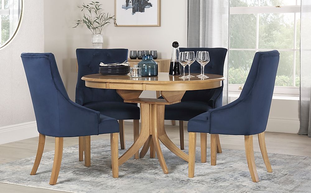 Hudson Round Oak Extending Dining Table with 4 Duke Blue ...