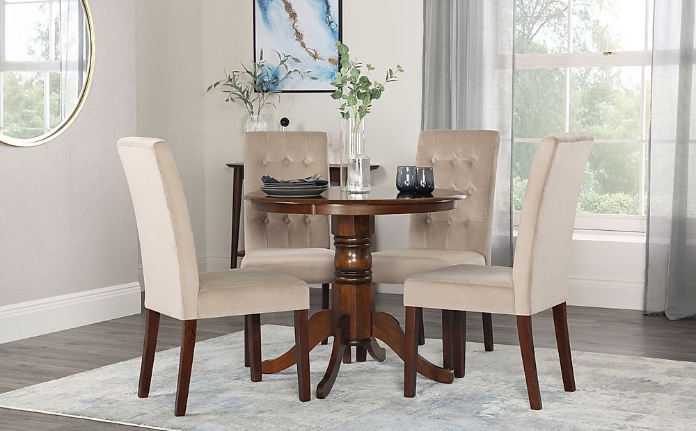 Kingston Round Dark Wood Dining Table With 4 Regent Mink Velvet Chairs