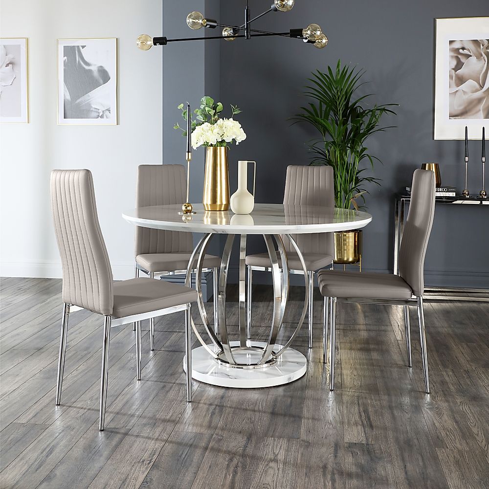 Savoy Round Dining Table & 4 Leon Chairs, White Marble Effect & Chrome, Stone Grey Classic Faux Leather, 120cm
