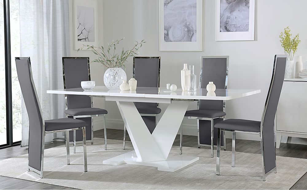 Turin White High Gloss Extending Dining Table with 4 Celeste Grey ...