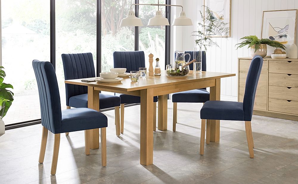 Hamilton Extending Dining Table And 4 Salisbury Chairs Natural Oak Veneer And Solid Hardwood Blue 5542