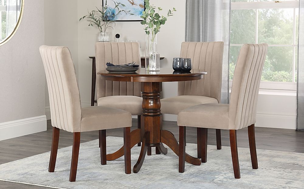 Kingston Round Dining Table & 4 Salisbury Chairs, Dark Solid Hardwood, Champagne Classic Velvet, 90cm
