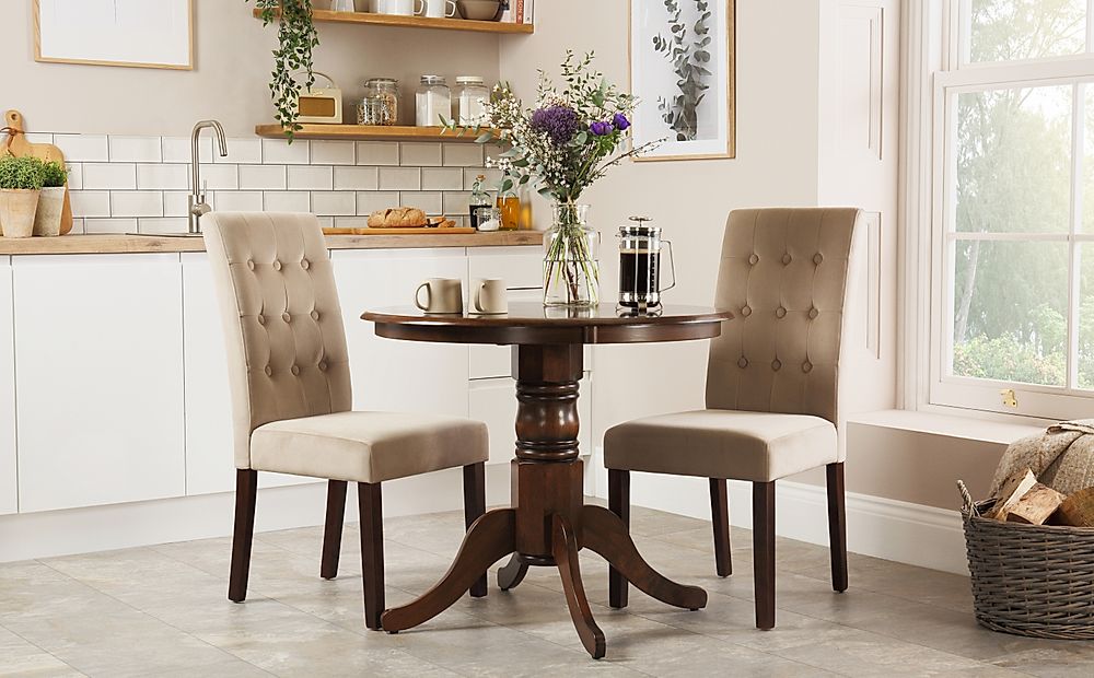 Kingston Round Dark Wood Dining Table With 2 Regent Mink Velvet Chairs