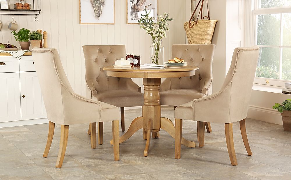 Kingston Round Dining Table & 4 Duke Chairs, Natural Oak Finished Solid Hardwood, Champagne Classic Velvet, 90cm