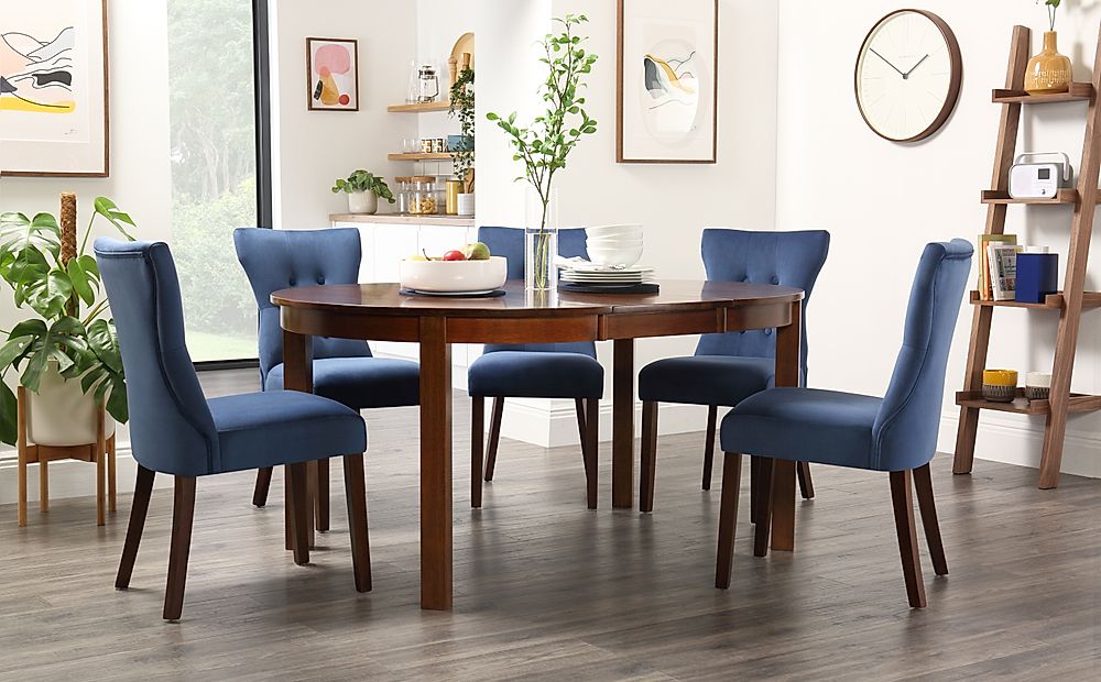 Marlborough Round Dark Wood Extending Dining Table with 4 Bewley Blue ...