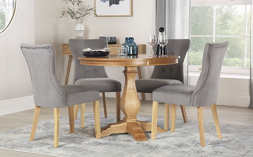 Cavendish Round Oak Dining Table with 4 Bewley Grey Velvet Chairs