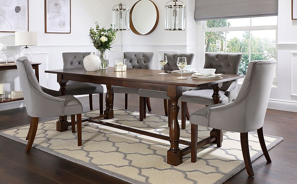 Devonshire Dark Wood Extending Dining Table with 6 Duke Grey Velvet