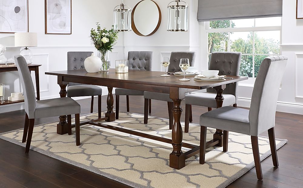 Devonshire Dark Wood Extending Dining Table with 4 Regent Grey Velvet