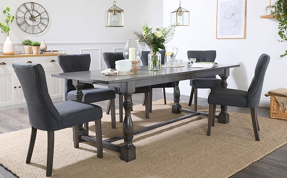 Devonshire Grey Wood Extending Dining Table With 8 Bewley Slate Fabric Chairs Furniture Choice 7153