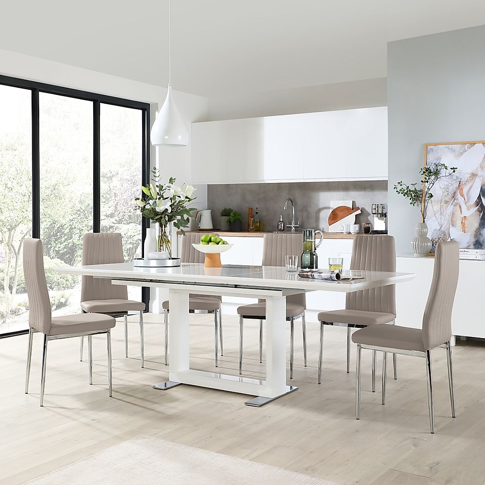 Tokyo Extending Dining Table & 8 Leon Chairs, White High Gloss, Stone Grey Classic Faux Leather & Chrome, 160-220cm