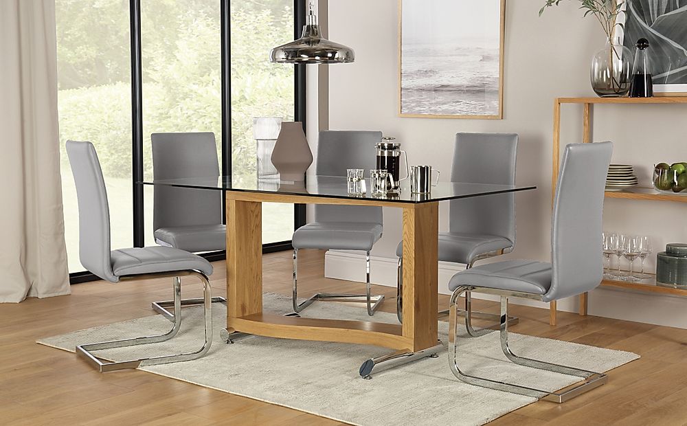 Mayfair Oak and Glass Dining Table with 6 Perth Light Grey ...