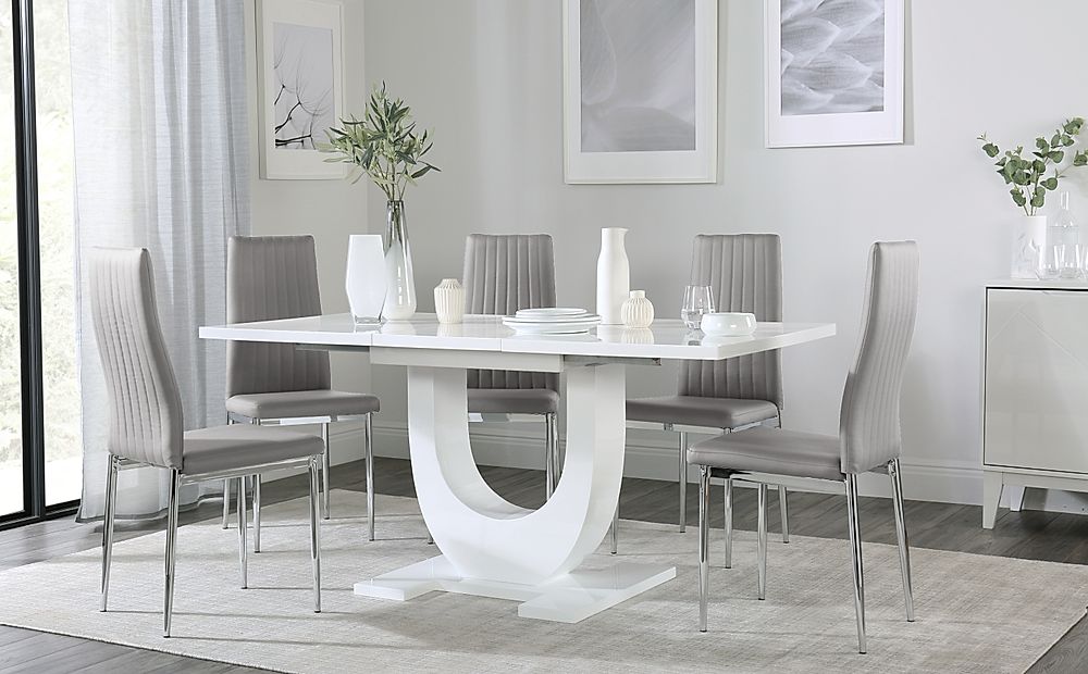 Oslo White High Gloss Extending Dining Table with 4 Leon Light Grey