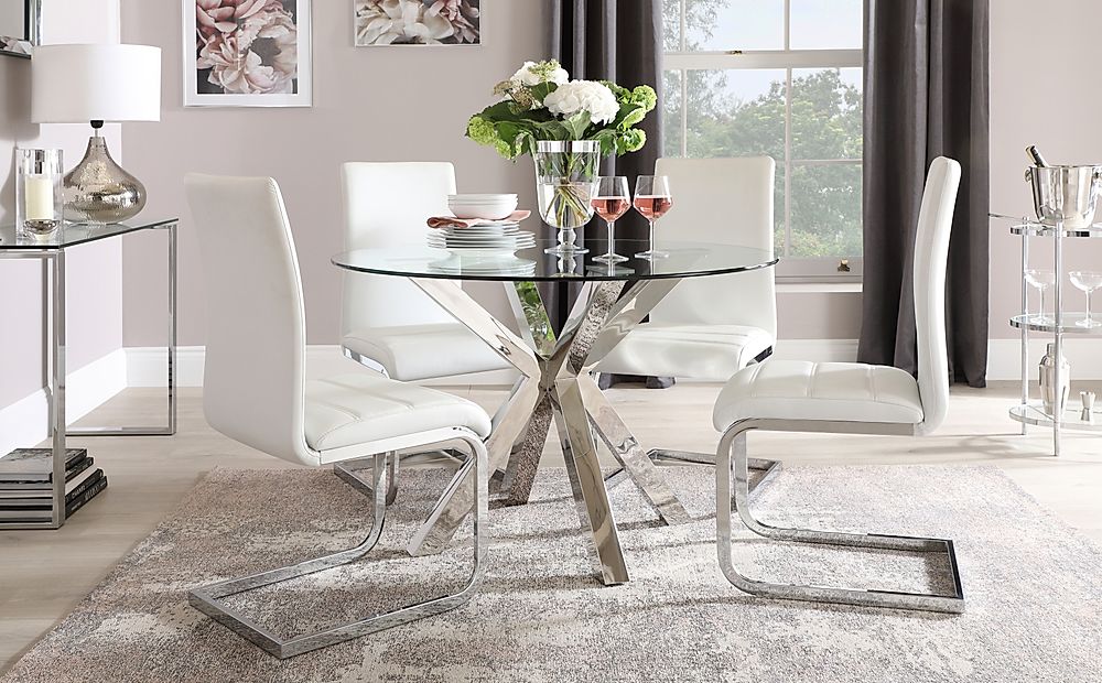 Plaza Round Dining Table And 4 Perth Chairs Glass And Chrome White Classic Faux Leather 110cm