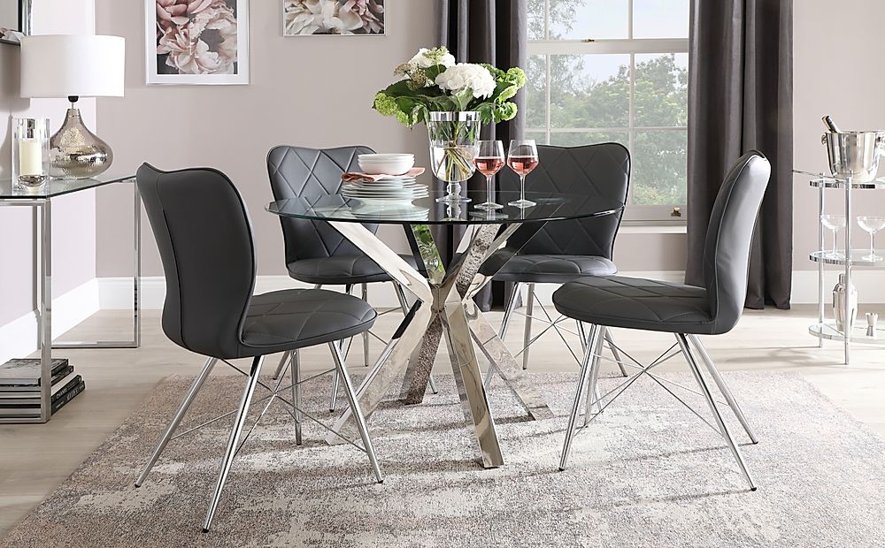 Plaza Round Chrome and Glass Dining Table with 4 Lucca Grey Leather ...