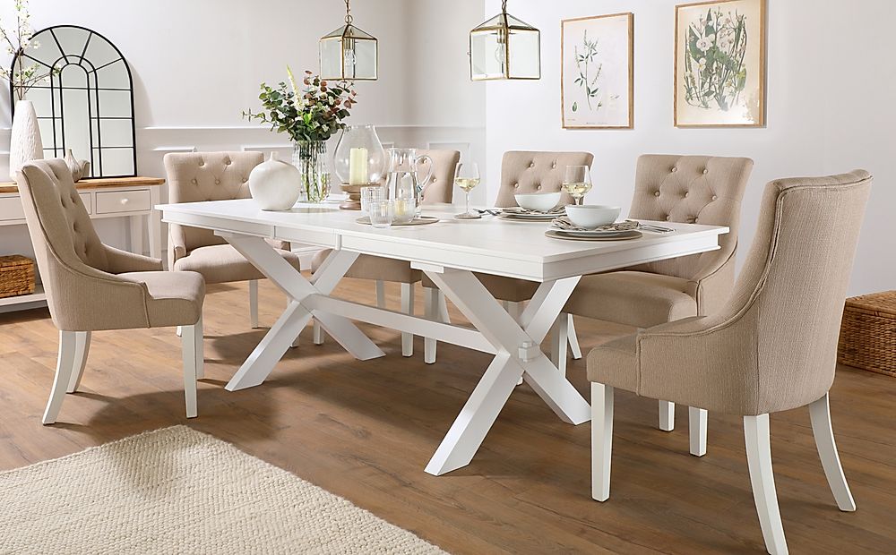 Grange White Extending Dining Table with 8 Duke Oatmeal Fabric Chairs