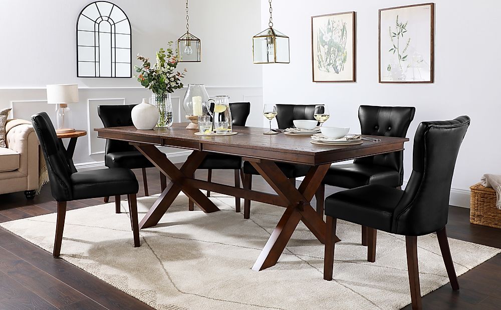 Grange Dark Wood Extending Dining Table with 6 Bewley Black Leather