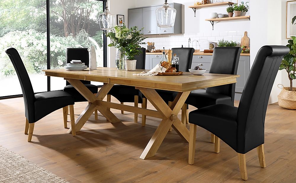 Grange Oak Extending Dining Table with 6 Richmond Black Leather Chairs ...