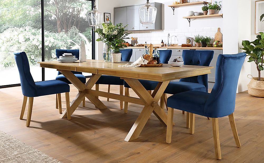 Grange Extending Dining Table & 8 Bewley Chairs, Natural Oak Veneer & Solid Hardwood, Blue Classic Velvet & Natural Oak Finished Solid Hardwood, 180-220cm