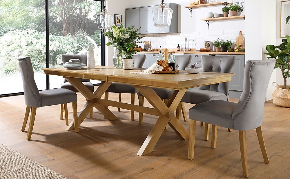 Grange Extending Dining Table & 4 Bewley Chairs, Natural Oak Veneer & Solid Hardwood, Grey Classic Velvet & Natural Oak Finished Solid Hardwood, 180-220cm