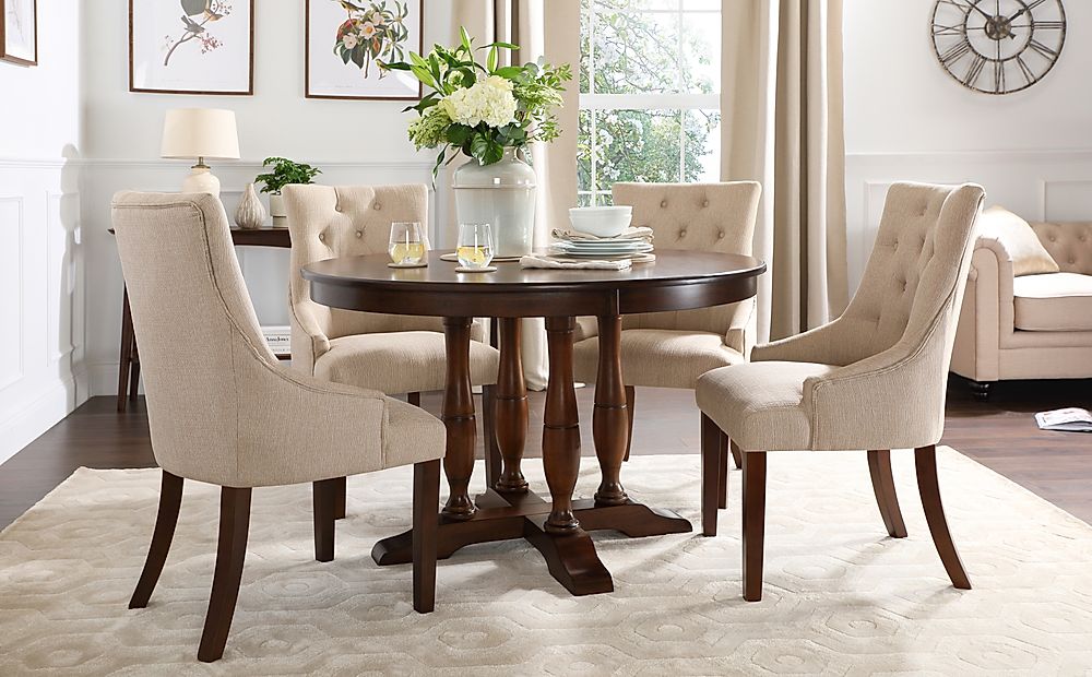 Highgrove Round Dark Wood Dining Table with 4 Duke Oatmeal ...