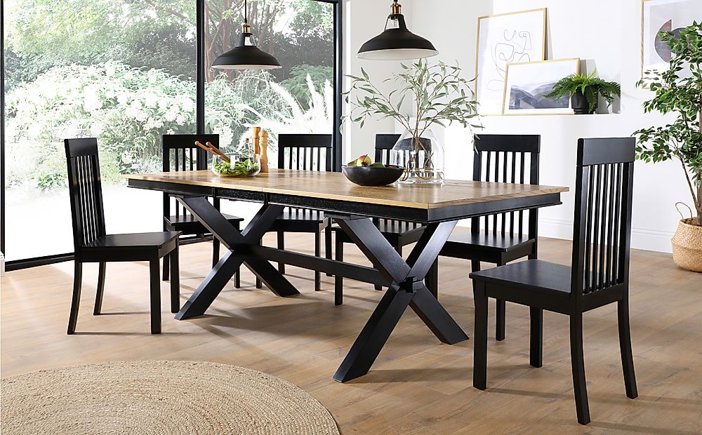 Grange Painted Black and Oak Extending Dining Table with 8 Oxford Black