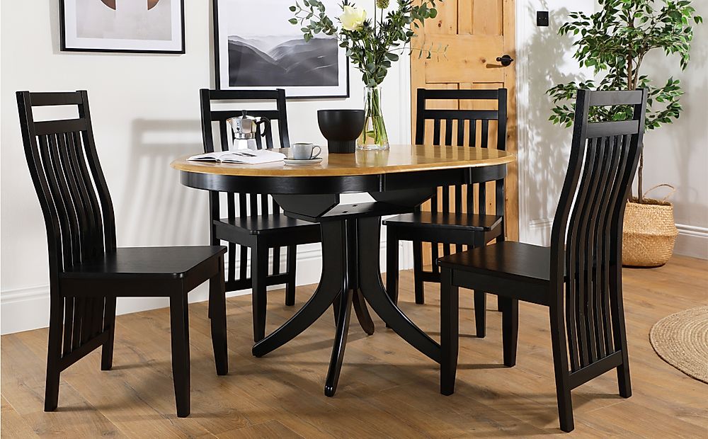 Hudson Round Painted Black and Oak Extending Dining Table with 4 Java