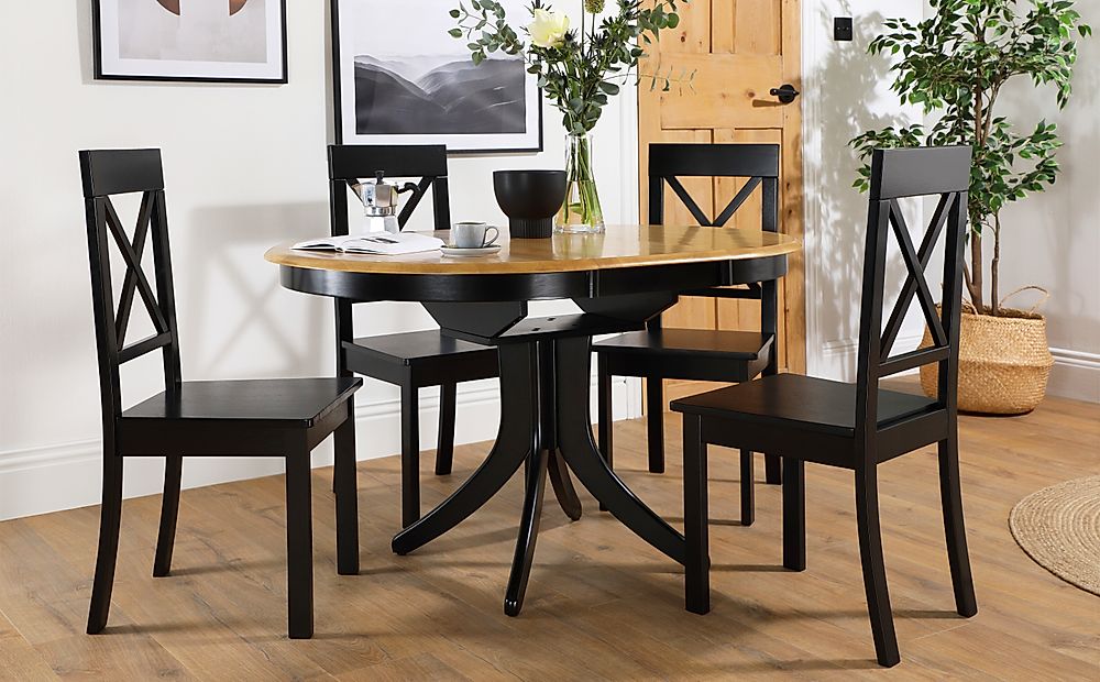 Hudson Round Painted Black and Oak Extending Dining Table with 6 Kendal