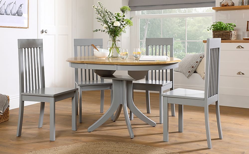 Hudson Round Painted Grey and Oak Extending Dining Table with 6 Oxford