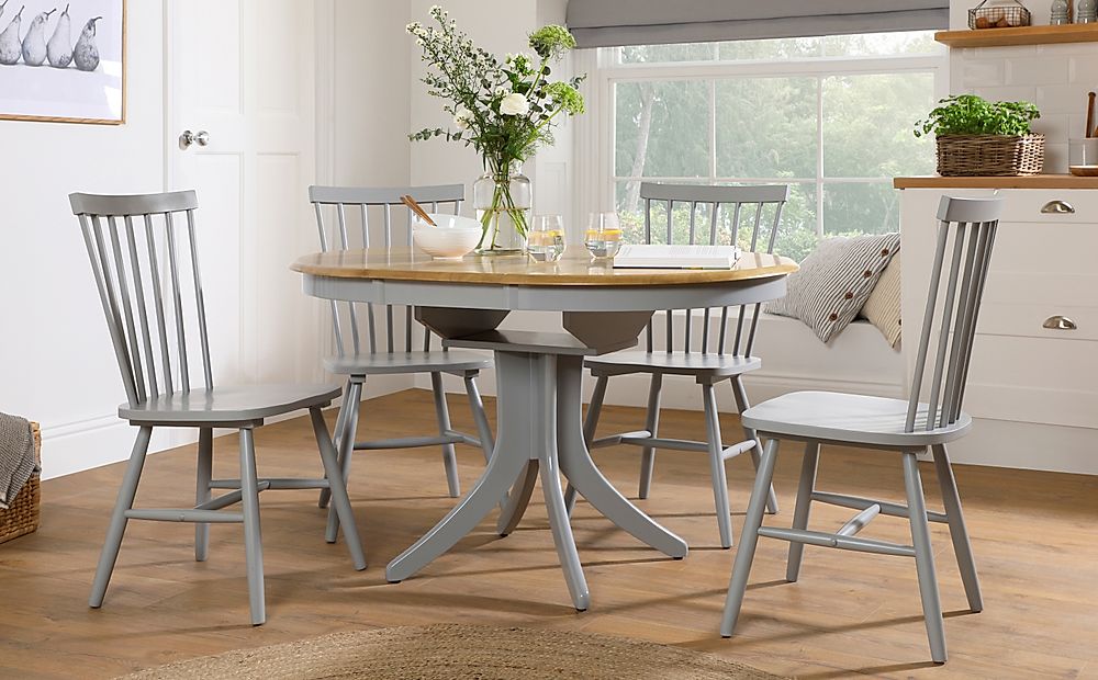 Hudson Round Painted Grey and Oak Extending Dining Table with 4 Pendle