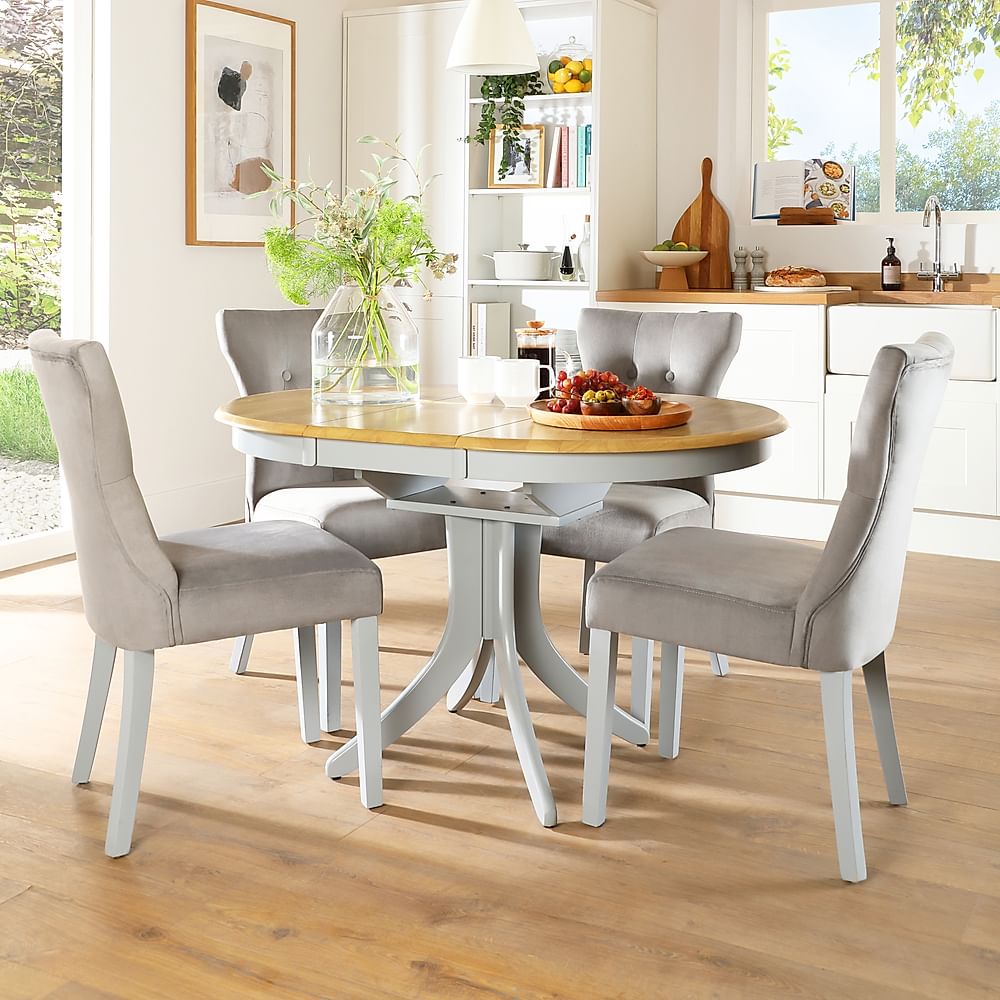 Hudson Round Extending Dining Table  Bewley Chairs, Natural Oak, Grey  Finish, Solid Hardwood, Grey, Classic Velvet, 90-120cm Furniture And  Choice