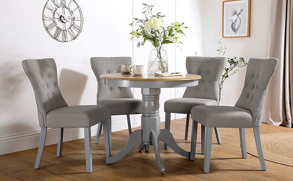 Kingston Round Dining Table & 4 Bewley Chairs, Natural Oak Finish & Grey Solid Hardwood, Light Grey Classic Linen-Weave Fabric, 90cm