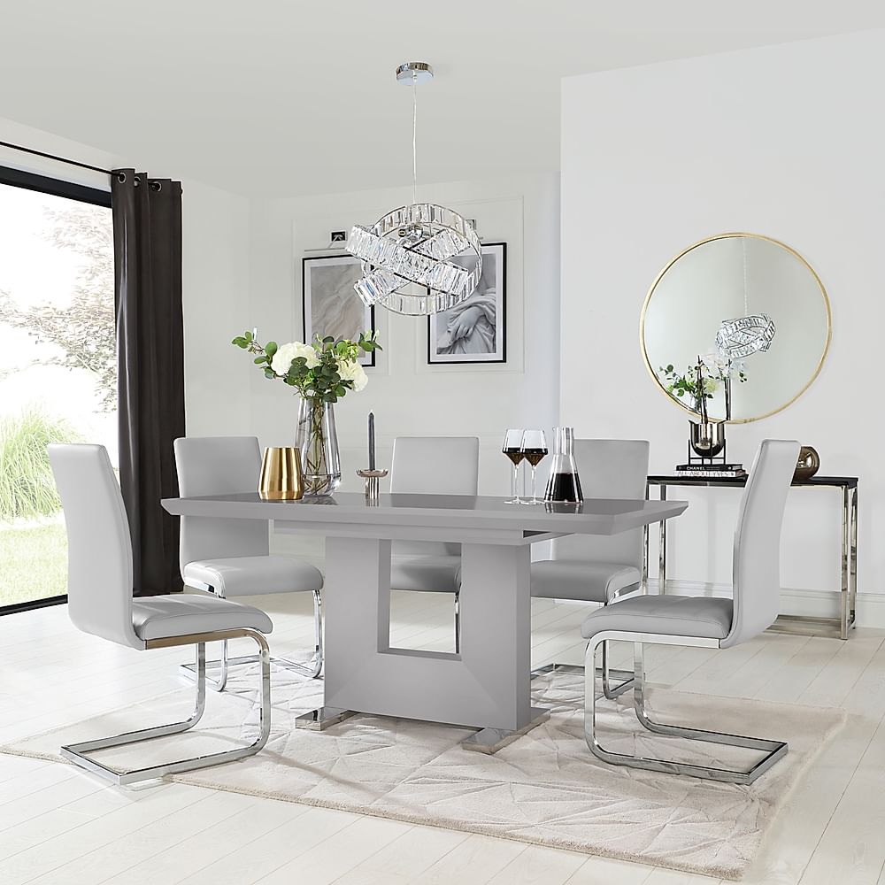 Florence Grey High Gloss Extending Dining Table with 4 Perth Light Grey