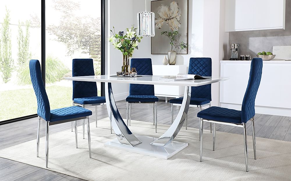 Peake White High Gloss And Chrome Dining Table With 4 Renzo Blue Velvet